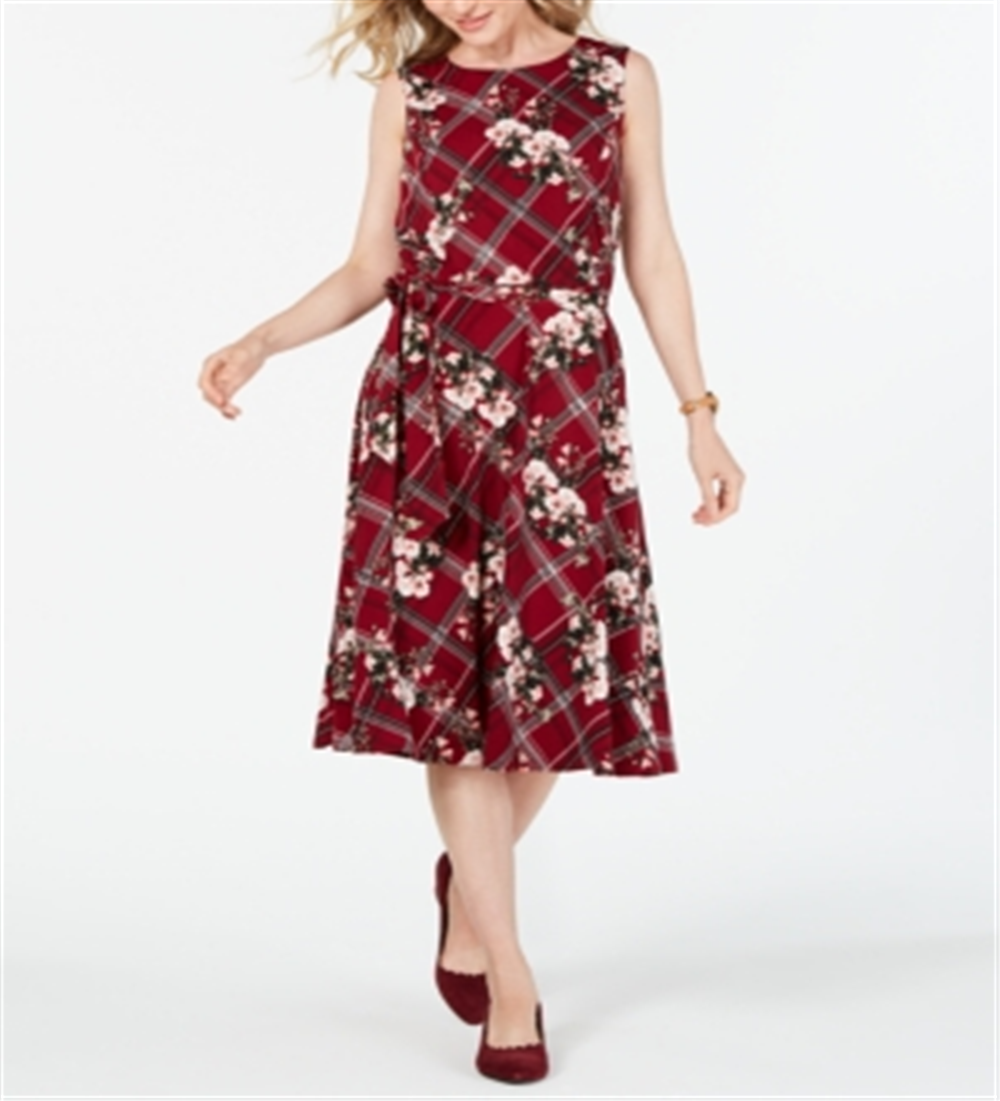 Charter Club Women's Sleeveless Mixed Print Dress Red Combo Size Petite L