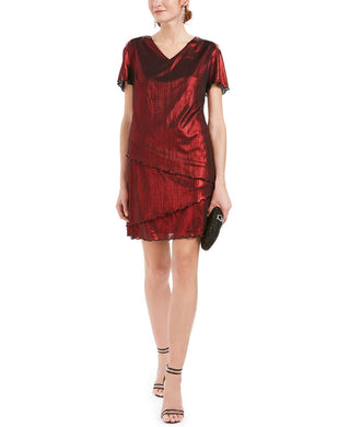 Connected Women's Red Ruffled  Shimmer Short Sleeve V Neck Above The Knee Sheath Cocktail Dress Red Size 10 Petite