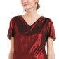 Connected Women's Red Ruffled  Shimmer Short Sleeve V Neck Above The Knee Sheath Cocktail Dress Red Size 10 Petite