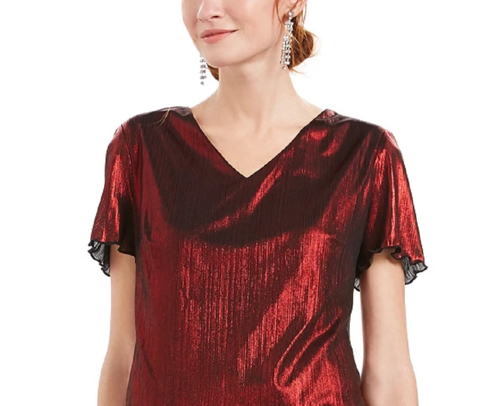 Connected Women's Red Ruffled  Shimmer Short Sleeve V Neck Above The Knee Sheath Cocktail Dress Red Size 10 Petite