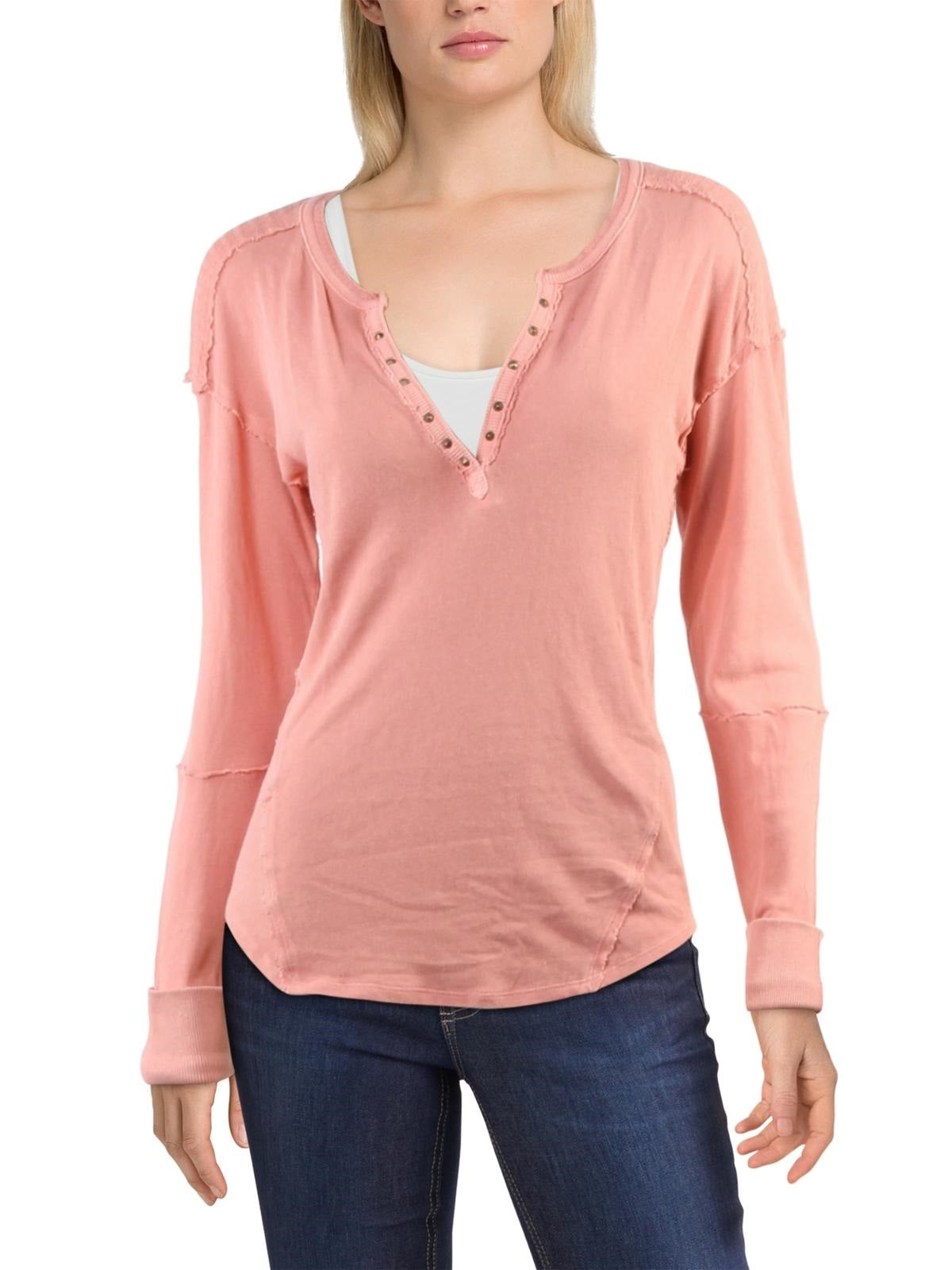 We The Free Women's Military Mix Cotton Studded Henley Top Pink Size Medium