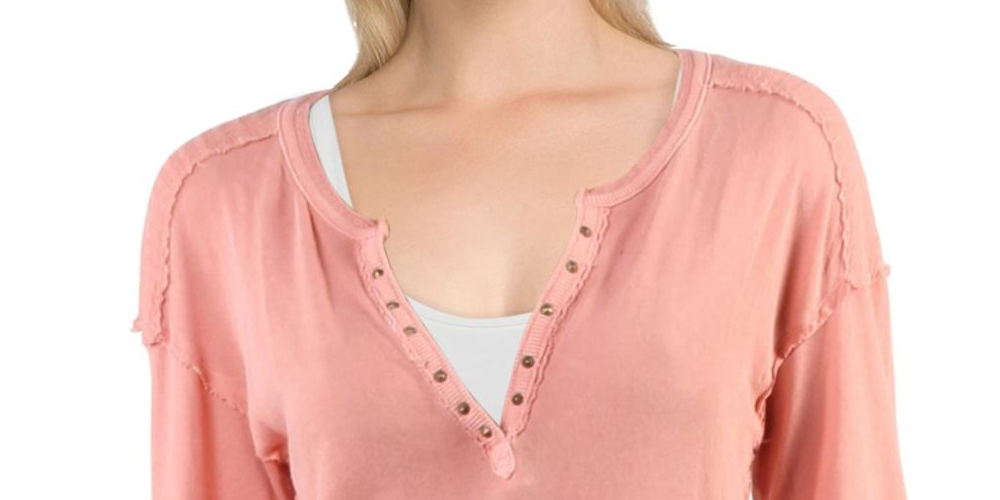 We The Free Women's Military Mix Cotton Studded Henley Top Pink Size Medium