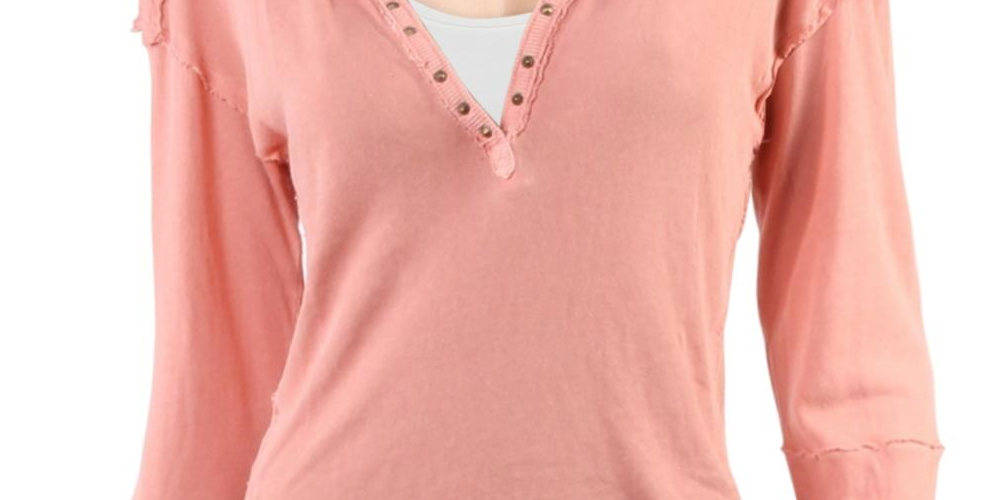 We The Free Women's Military Mix Cotton Studded Henley Top Pink Size Medium