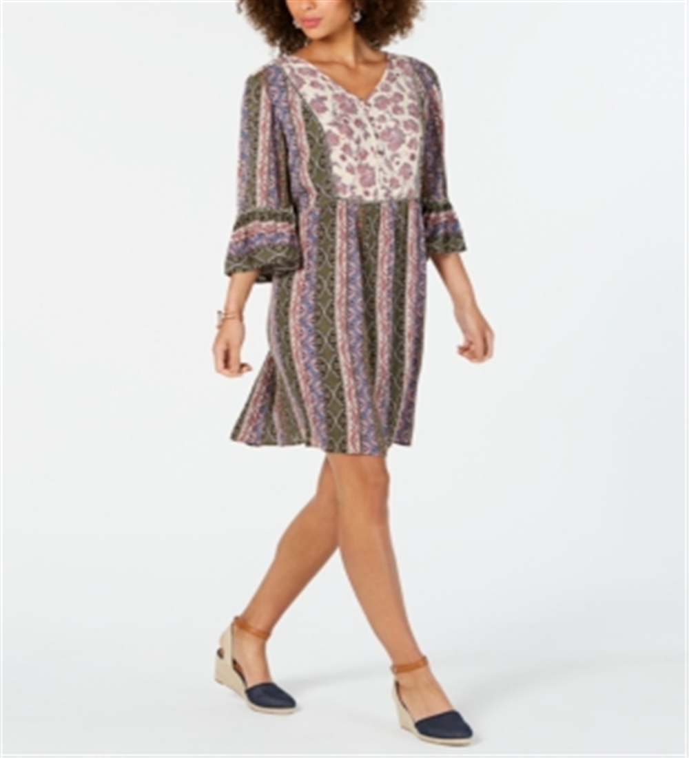 Style & Co Women's Printed Bell Sleeve Dress Green Size Petite L