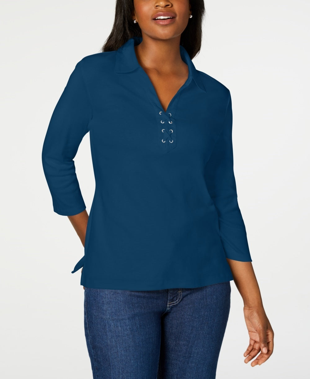Karen Scott Women's Cotton Lace-Up Shirt Blue Size Medium