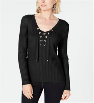 INC International Concepts Women's Lace up Ribbed Knit Sweater Black Size Petite S