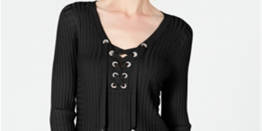 INC International Concepts Women's Lace up Ribbed Knit Sweater Black Size Petite S