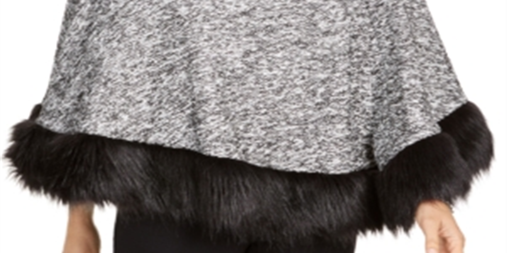 JM Collection Women's Faux Fur Trim Poncho White-Black  Size S/M