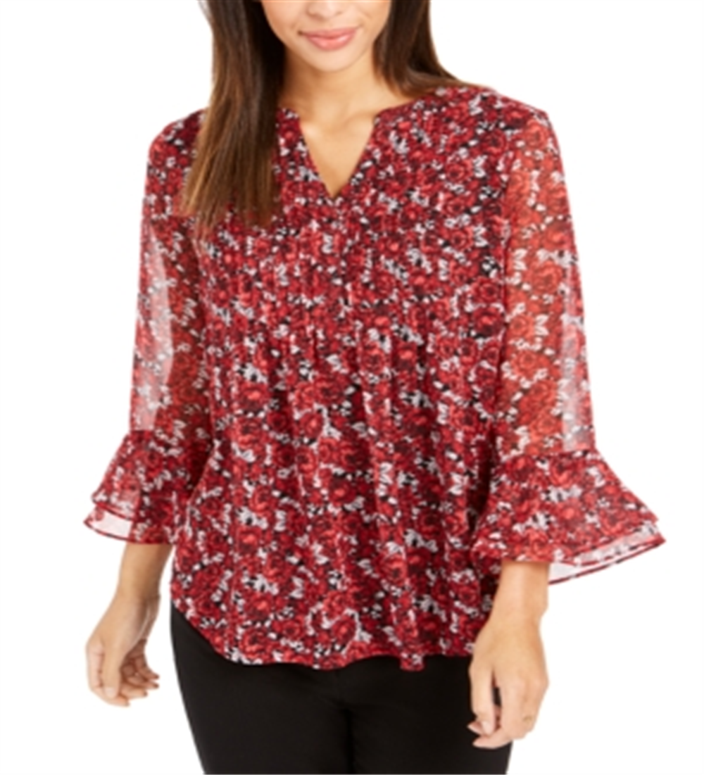 Charter Club Women's Floral Print Bell Sleeve Top Red Floral  Size Petite S