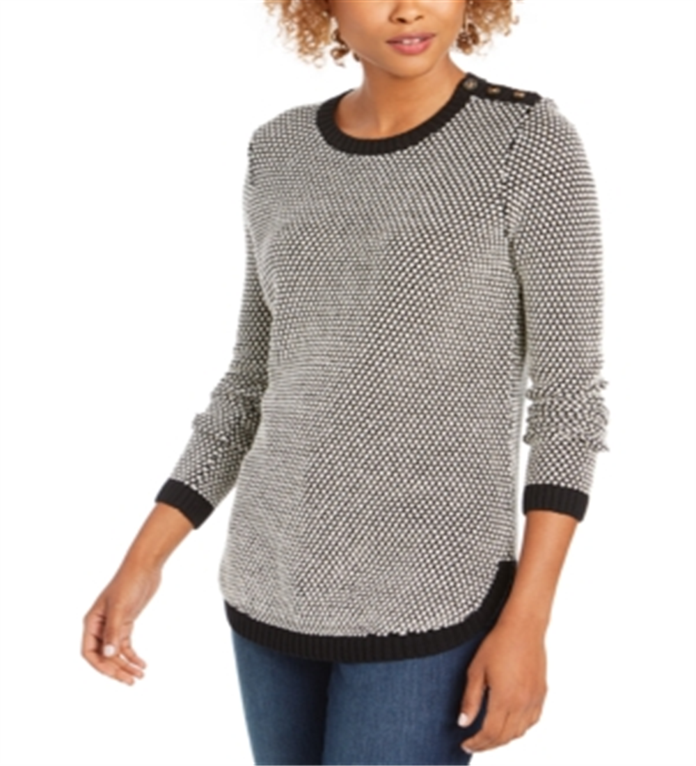 Charter Club Women's Textured Knit Sweater Black - White Size Petite L