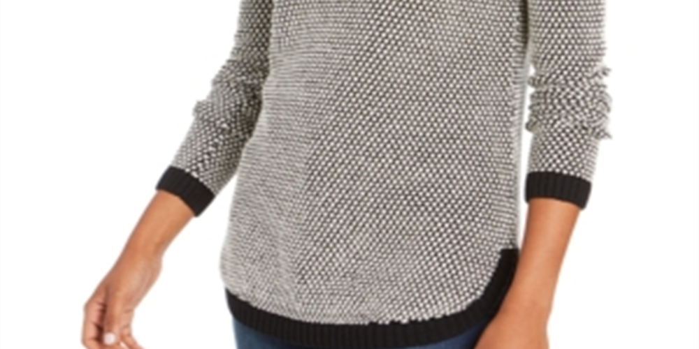 Charter Club Women's Textured Knit Sweater Black - White Size Petite L