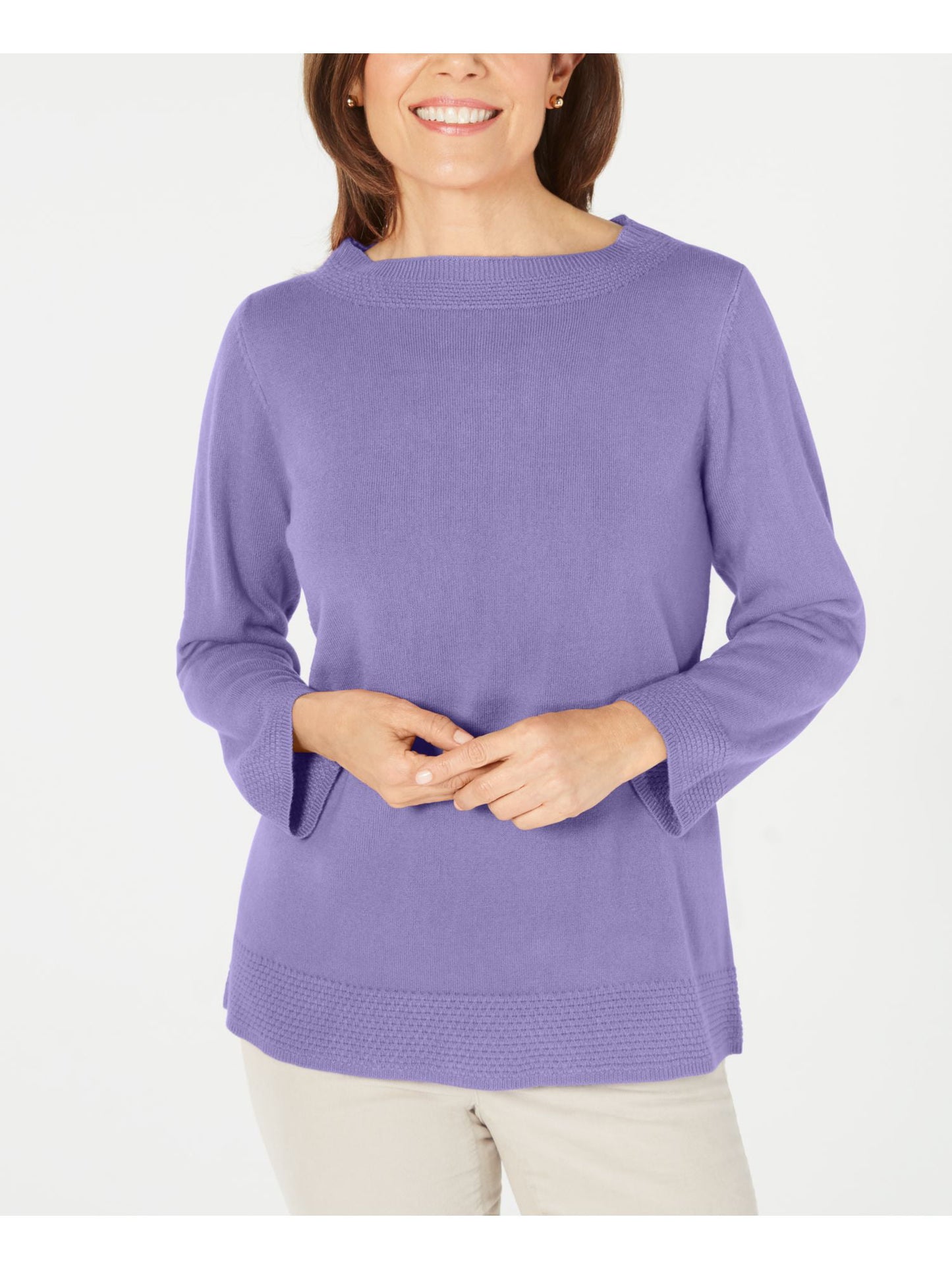 Karen Scott Women's Ribbed Printed Long Sleeve Crew Neck Blouse Top Size Purple Size Petite S/M