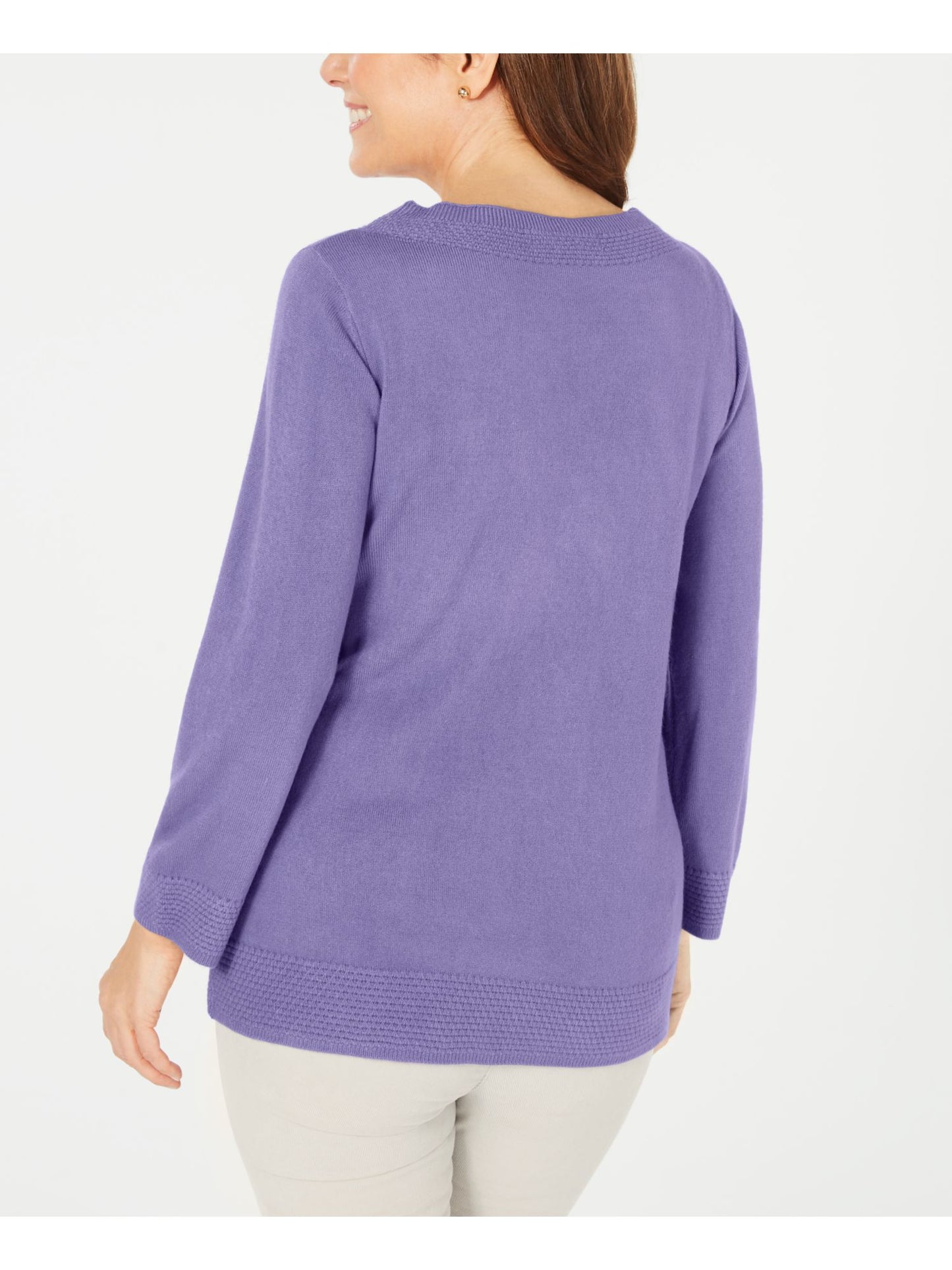 Karen Scott Women's Ribbed Printed Long Sleeve Crew Neck Blouse Top Size Purple Size Petite S/M