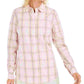 Charter Club Women's Windowpane Plaid Cuffed Collared Top Pink Size Petite Small