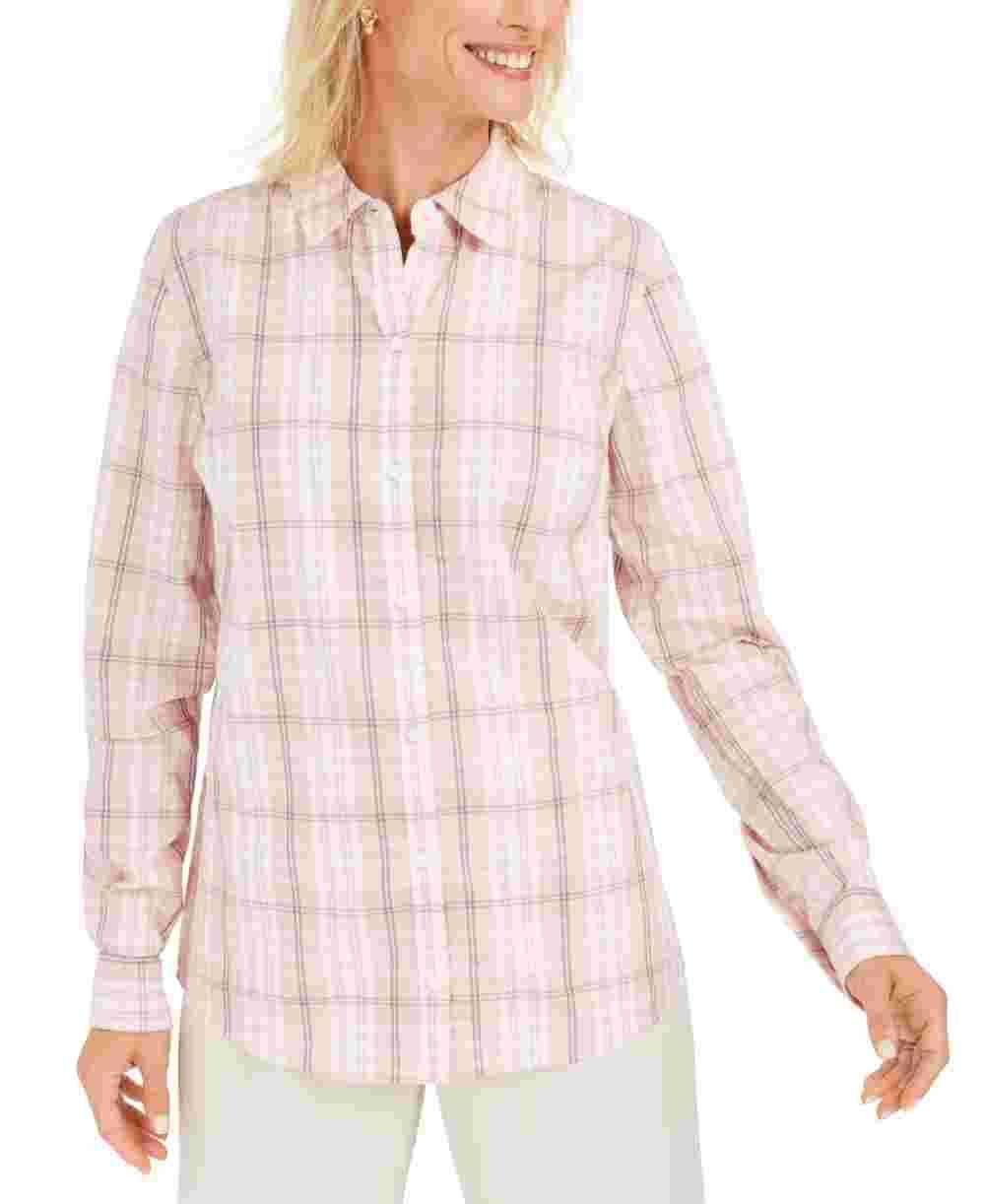Charter Club Women's Windowpane Plaid Cuffed Collared Top Pink Size Petite Small