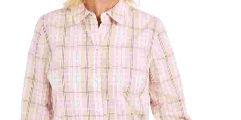 Charter Club Women's Windowpane Plaid Cuffed Collared Top Pink Size Petite Small