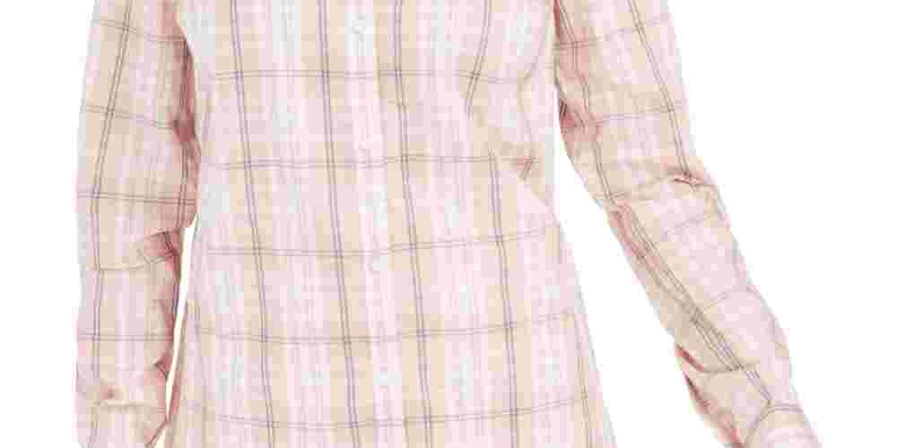 Charter Club Women's Windowpane Plaid Cuffed Collared Top Pink Size Petite Small