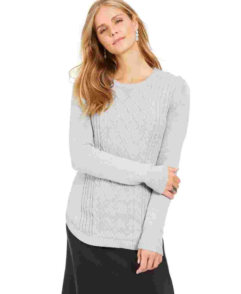 Charter Club Women's Printed Long Sleeve Crew Neck T-Shirt Top Gray Size