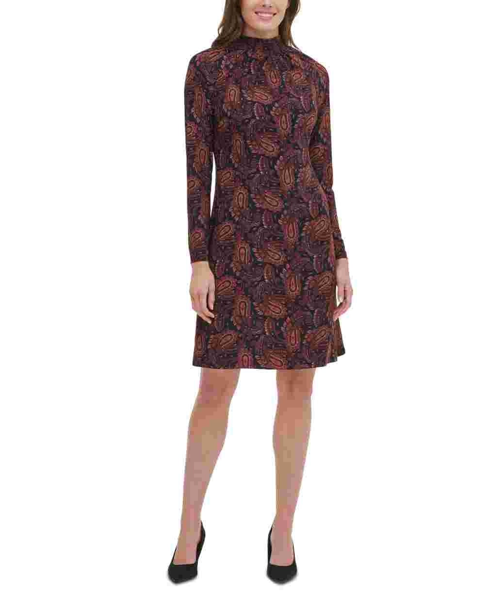 Tommy Hilfiger Women's Ruched  Keyhole Paisley Long Sleeve Mock Above The Knee Sheath Party Dress Black Size 2