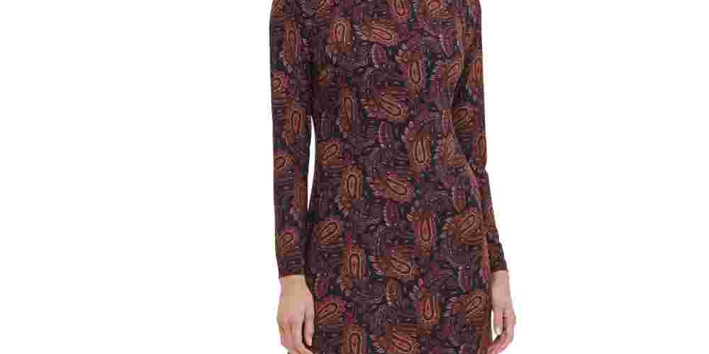 Tommy Hilfiger Women's Ruched  Keyhole Paisley Long Sleeve Mock Above The Knee Sheath Party Dress Black Size 2