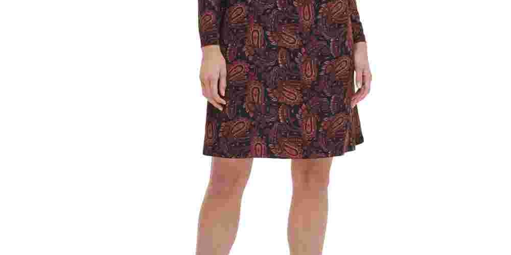 Tommy Hilfiger Women's Ruched  Keyhole Paisley Long Sleeve Mock Above The Knee Sheath Party Dress Black Size 2