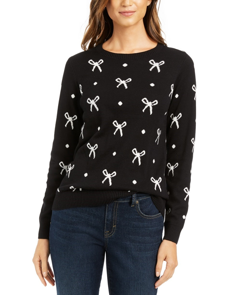 Charter Club Women's Bow Print Sweater Black Size Petite Small