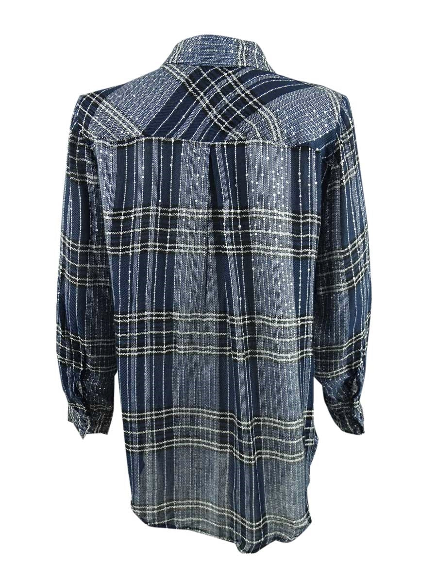 Style & Co Women's Plaid Shirt Sparkling Blue Size Petite M