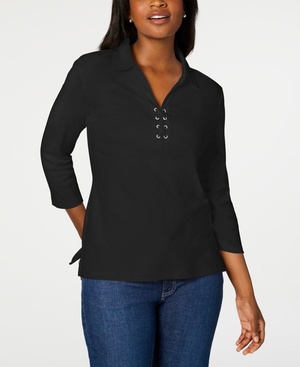 Karen Scott Women's Cotton Lace Up Shirt Black Size Small