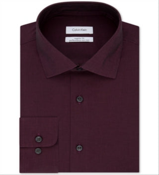 Calvin Klein Men's Classic Fit Non Iron Performance Herringbone Spread Collar Dress Shirt Maroon Size 17.5-36/37