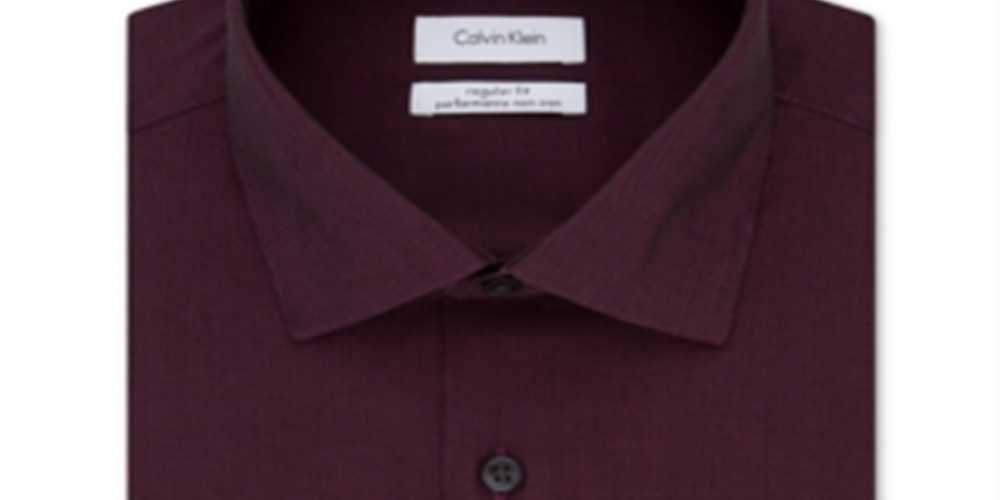 Calvin Klein Men's Classic Fit Non Iron Performance Herringbone Spread Collar Dress Shirt Maroon Size 17.5-36/37
