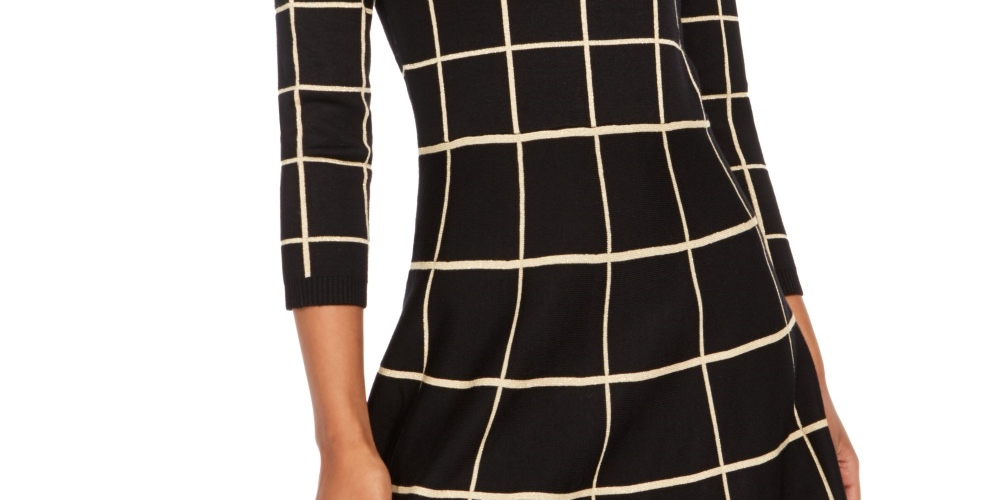 Sequin Hearts Junior's Grid Pattern Skater Dress Black Size X-Large