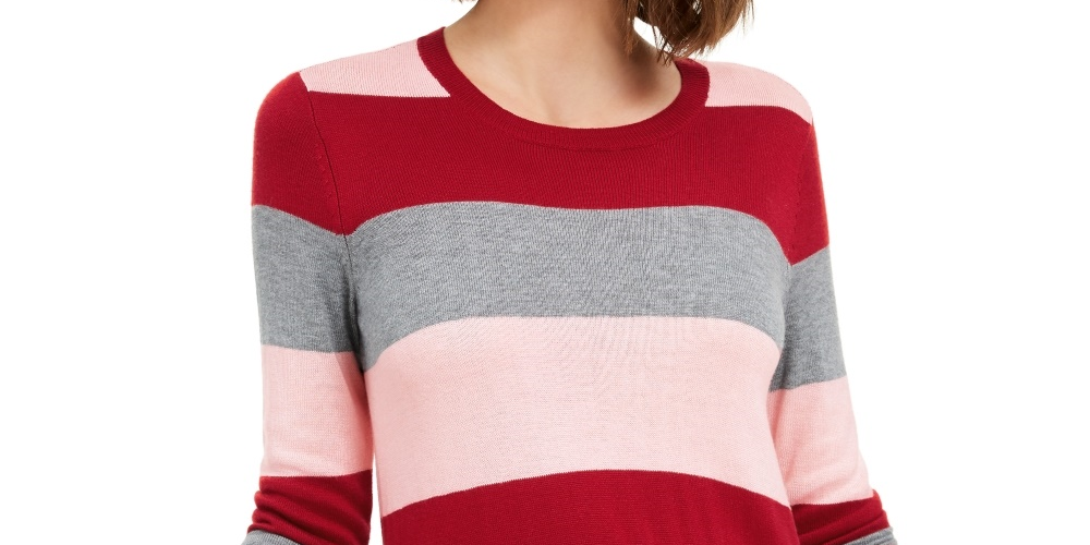 Maison Jules Women's Color Block Long Sleeve Jewel Neck T-Shirt Sweater Red Size Medium