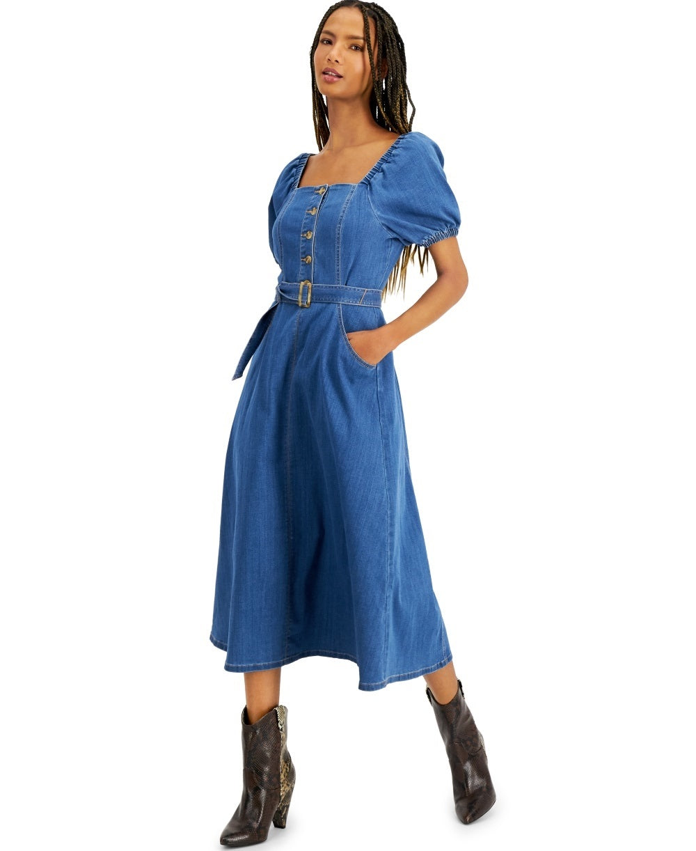INC International Concepts Women's Smocked Denim Midi Dress Blue Size 2