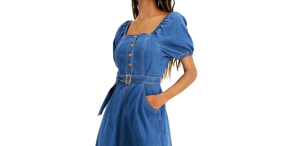INC International Concepts Women's Smocked Denim Midi Dress Blue Size 2
