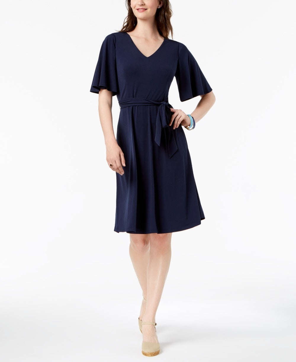 Charter Club Women's Belted A Line Dress Blue Size Petite Small