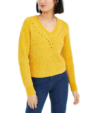 Bar III Women's Long Sleeve V Neck Sweater Yellow Size Small