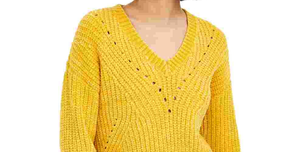 Bar III Women's Long Sleeve V Neck Sweater Yellow Size Small