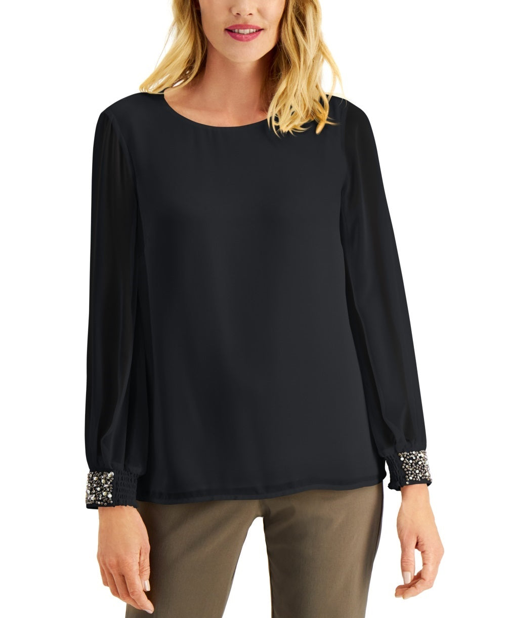 JM Collection Women's Beaded Smocked Cuff Top Black Size X-Large