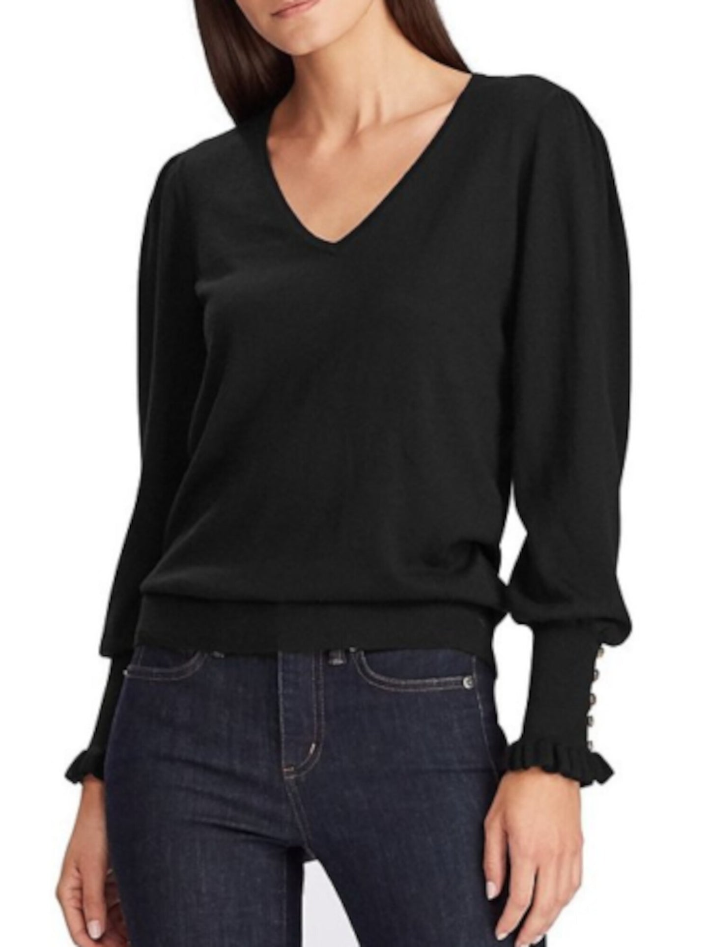 Ralph Lauren Women's Embellished Long Sleeve V Neck Sweater Black Size Medium
