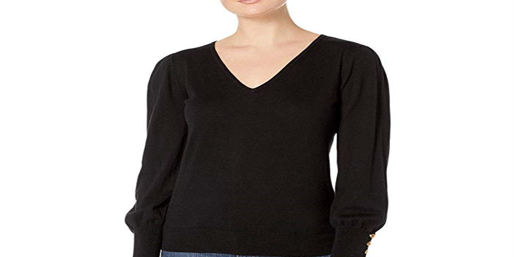 Ralph Lauren Women's Embellished Long Sleeve V Neck Sweater Black Size Medium
