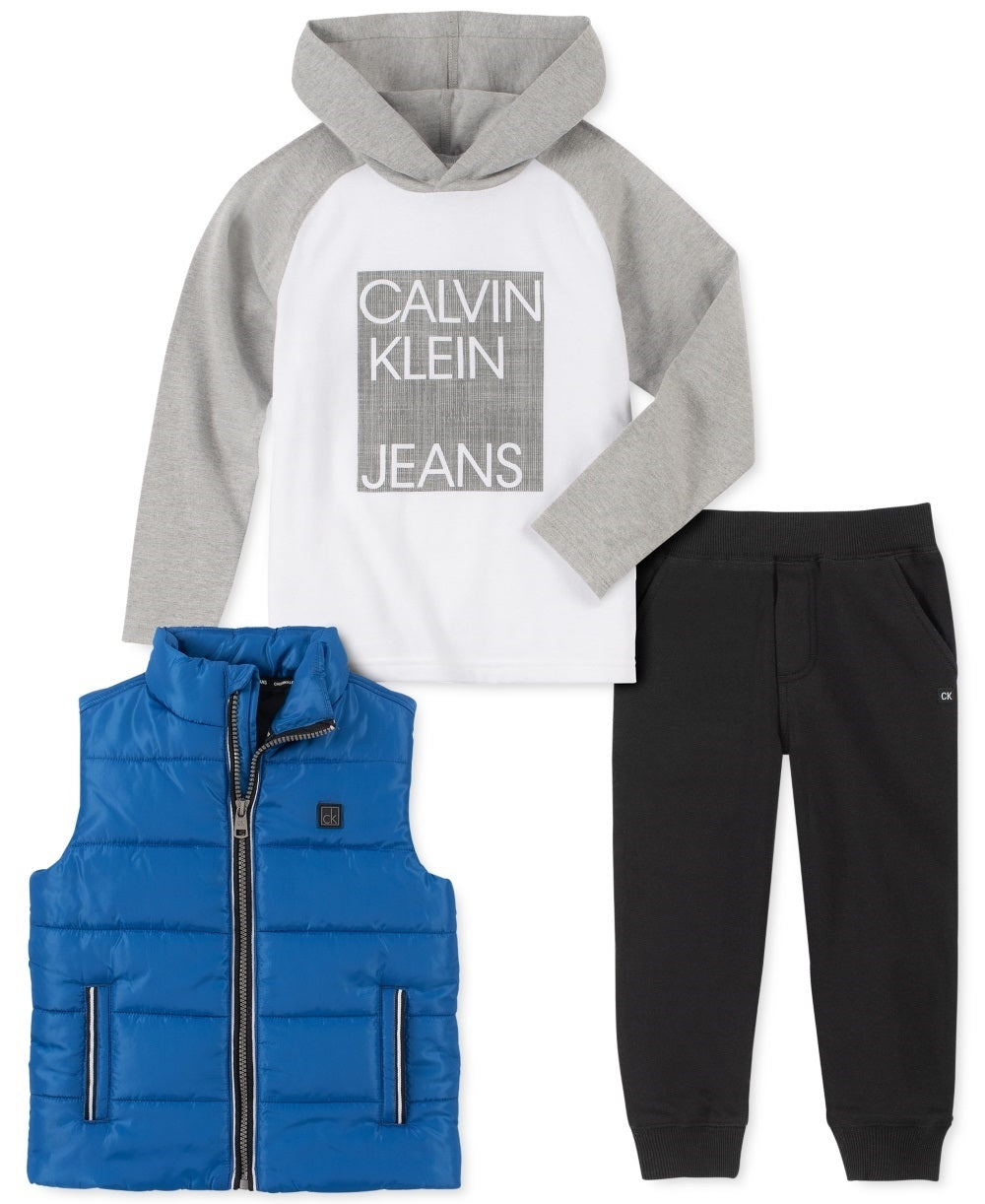 Calvin Klein Kid's Little Boys 3 Pc. Nylon Vest Logo Hoodie Fleece Pants Set Gray Size 6