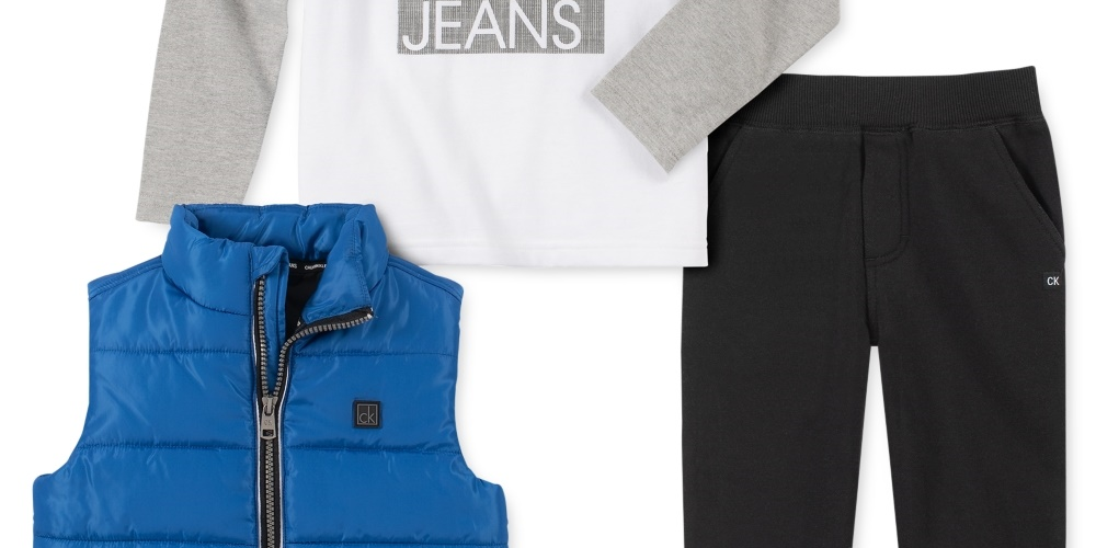 Calvin Klein Kid's Little Boys 3 Pc. Nylon Vest Logo Hoodie Fleece Pants Set Gray Size 6