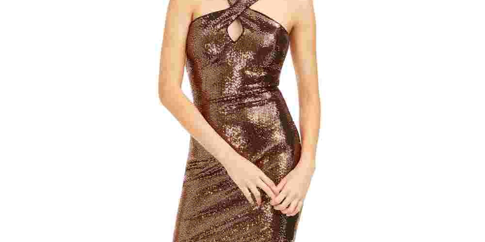 Guess Women's Sequined Halter Sheath Dress Beige Size 14