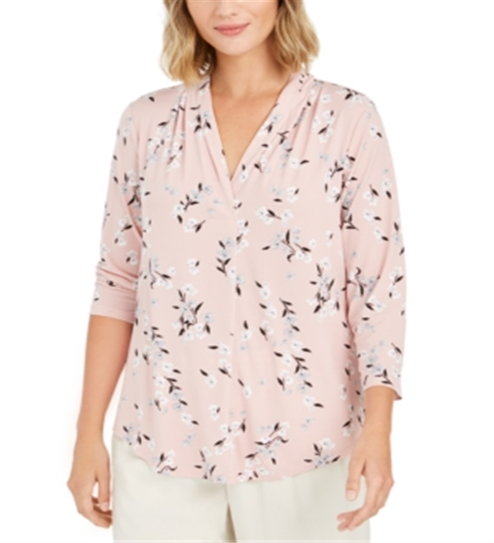 Charter Club Women's Floral Print V Neck Top Pink Size Petite Large