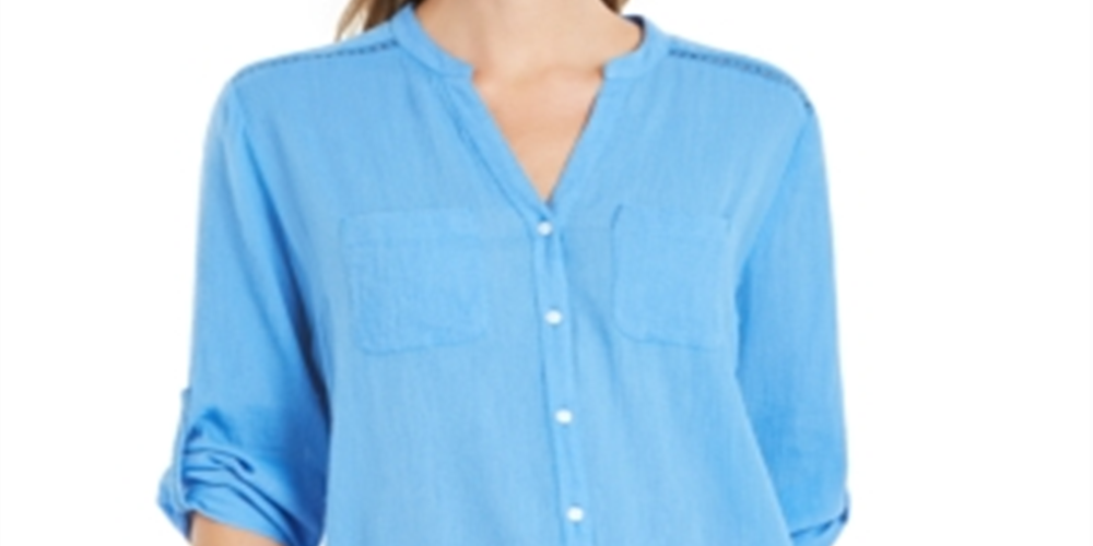 Charter Club Women's Roll Tab Button Down Top Blue Size X-Large