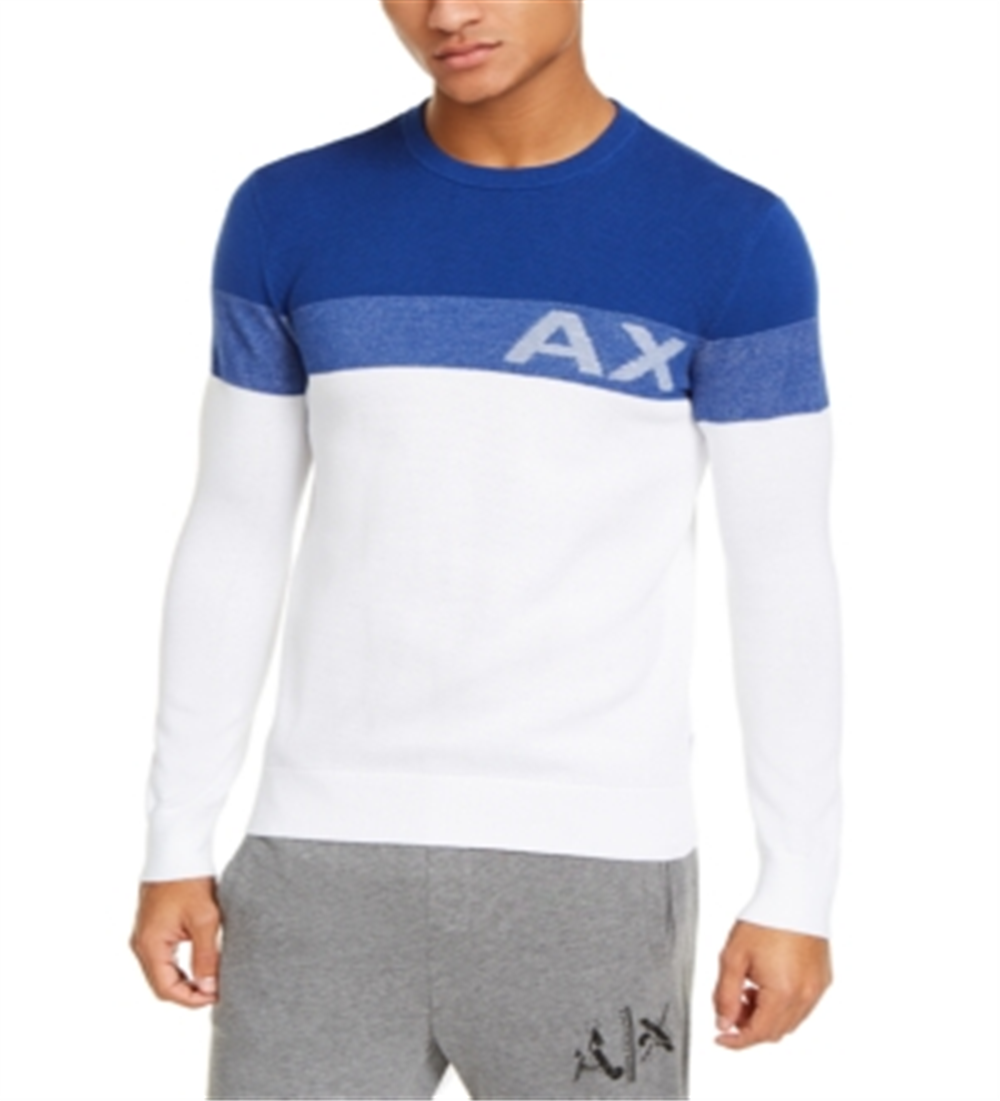 AX Armani Exchange Men's Regular Fit Colorblocked Stripe Logo Sweater Blue Size Large