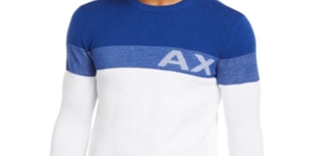 AX Armani Exchange Men's Regular Fit Colorblocked Stripe Logo Sweater Blue Size Large