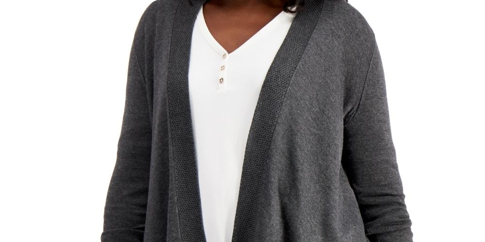 JM Collection Women's Textured Hem Cascade Front Cardigan Gray Size Small