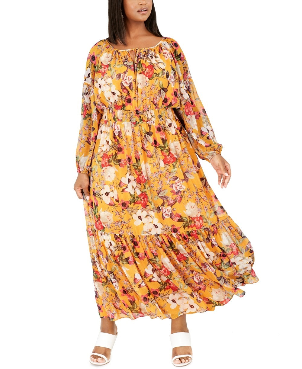 INC International Concepts Women's Printed Ruffled Peasant Dress Yellow Size 1X