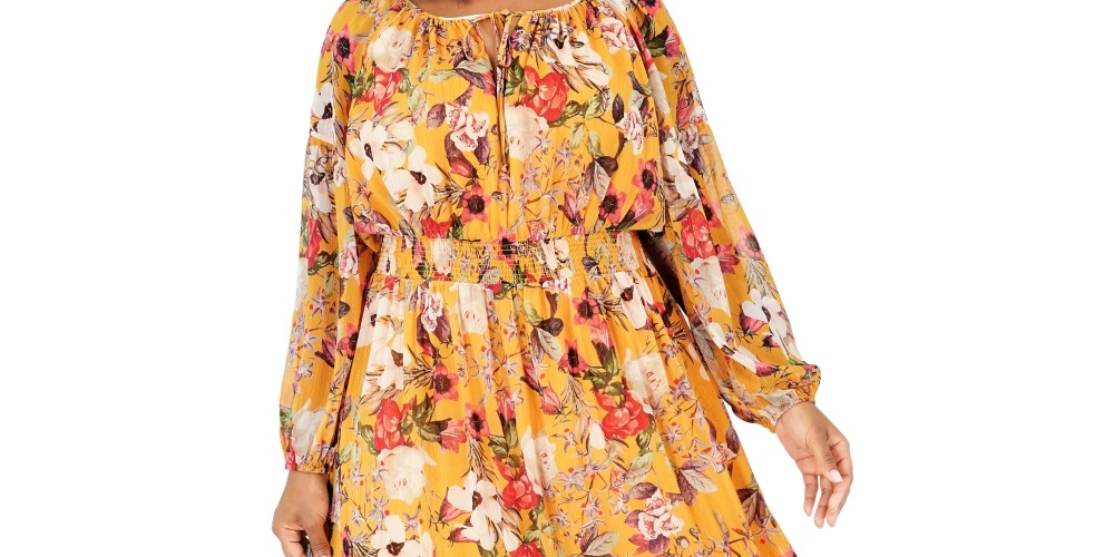INC International Concepts Women's Printed Ruffled Peasant Dress Yellow Size 1X
